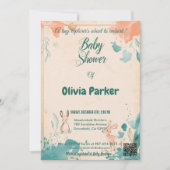 デリケートな桃とティール(緑がかった色)水彩動物ベビー 招待状 (正面)