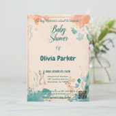 デリケートな桃とティール(緑がかった色)水彩動物ベビー 招待状 (スタンド正面)