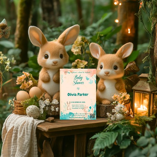 デリケートな桃とティール(緑がかった色)水彩動物ベビー 招待状