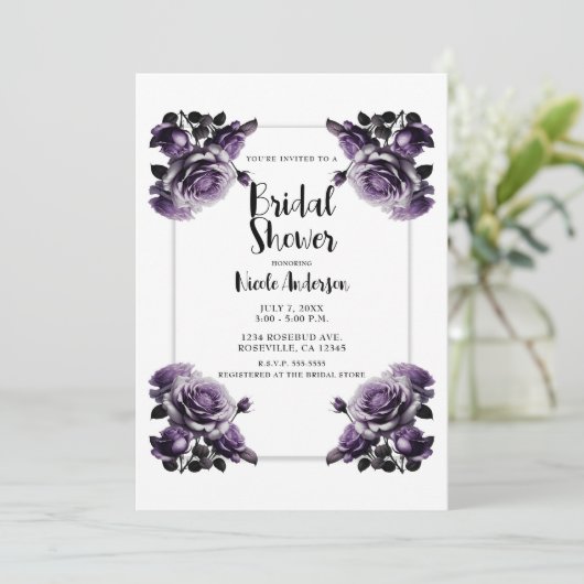 デリケートな梅の紫のバラみすぼらしいシャワー 招待状 (スタンド正面)