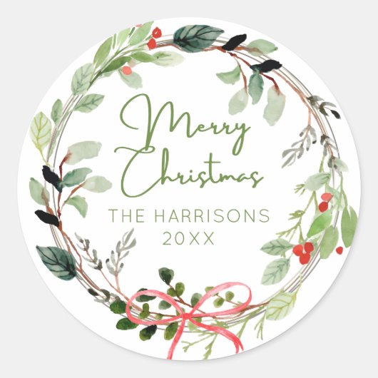 デリケートな水の色クリスマスリース ラウンドシール (正面)