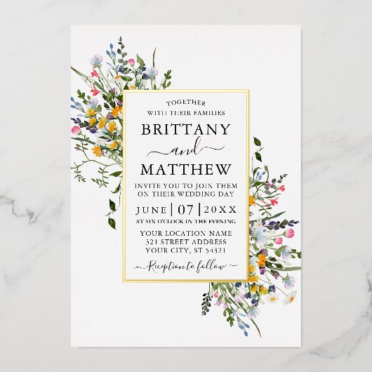デリケートな水彩の野の花の結婚式 ゴールド 箔招待状 (正面)