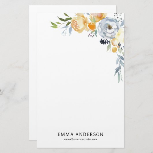 デリケートな水色アプリコット&ダスティブルーフローラ 便箋 (正面/裏面)