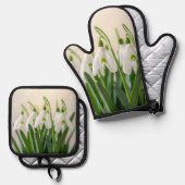 デリケートな白スノードロップの花 春の開花 鍋つかみ&鍋敷きセット (正面/裏面)