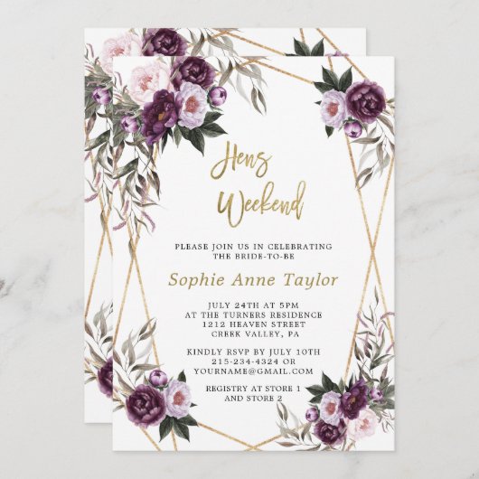 デリケートな紫のフローラ金ゴールドバチェロレッテ週末 招待状 (正面/裏面)