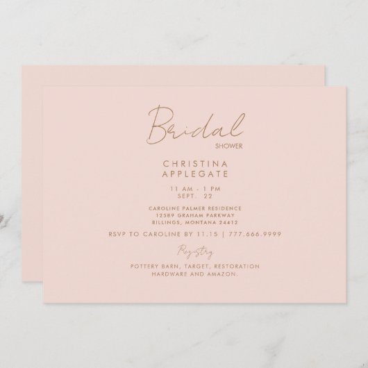 デリケートな赤面と金ゴールド文字ブライダルシャワー 招待状 (正面/裏面)