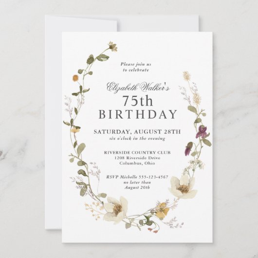 デリケートな野フェミニン花75th誕生日パーティー 招待状 (正面)