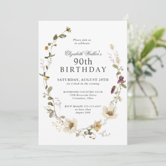 デリケートな野フェミニン花90th誕生日パーティー 招待状 (スタンド正面)