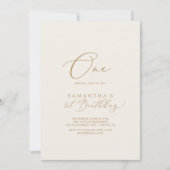 デリケートな金ゴールドとクリームの最初の誕生日パーティー 招待状 (正面)