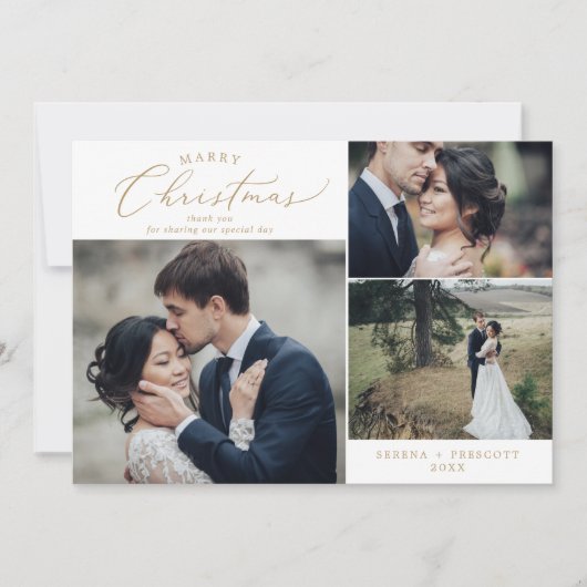 デリケートな金ゴールド結婚クリスマスの写真ありがとうホー シーズンカード (正面)