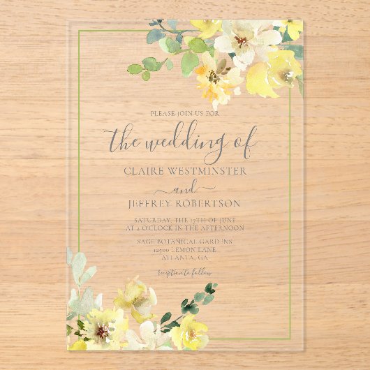 デリケートな黄色フローラセージ緑結婚夏 アクリル招待状 (正面)