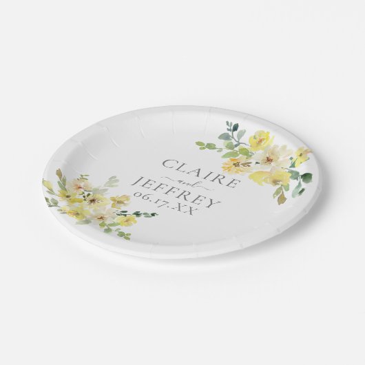 デリケートな黄色フローラセージ緑結婚夏 ペーパープレート (アングル)