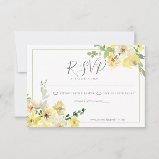 デリケートな黄色フローラセージ緑結婚夏 出欠カード (正面)