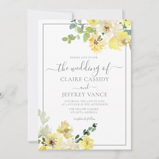 デリケートな黄色フローラセージ緑結婚夏 招待状 (正面)
