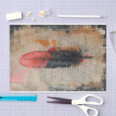 デリケートな黒と赤の羽オン古い紙 薄葉紙 (クラフト)