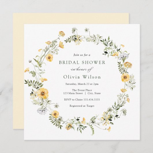 デリケートイエローワイルドフラワーリースブライダルシャワー 招待状 (正面/裏面)