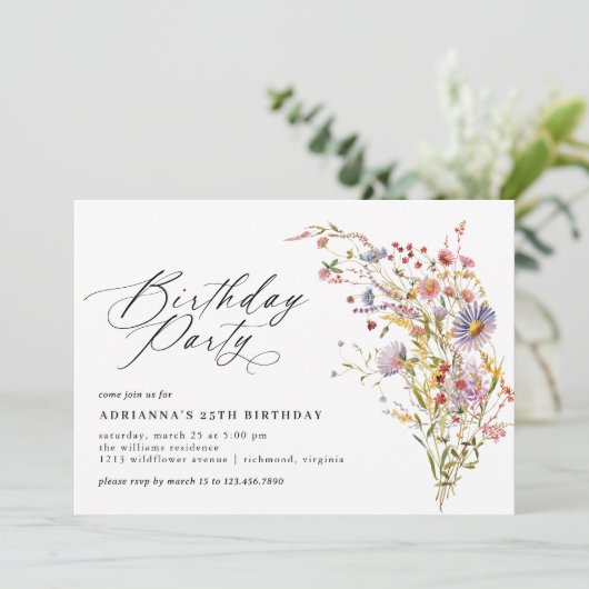 デリケートエレガントワイルドフラワー任意の年齢の大人誕生日 招待状 (スタンド正面)
