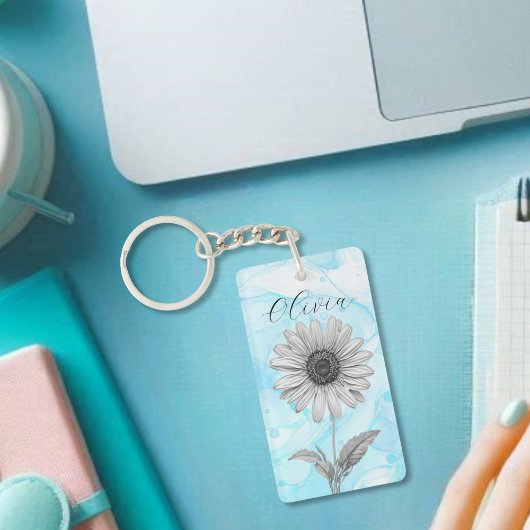 デリケートカスタムなライトブルーデイジー花 キーホルダー