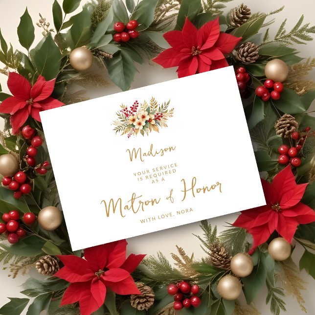 デリケートグラムクリスマスフローラマロンオナー金ゴールド (Delicate Glam Christmas Floral Bouquet in Faux Gold Matron of Honor Wedding Proposals Cards.)