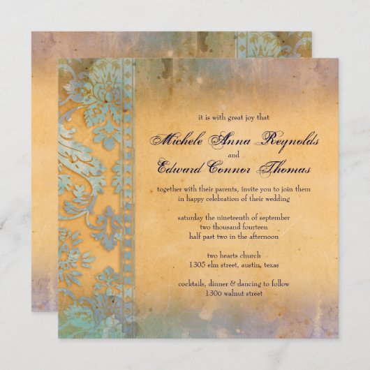 デリケートグランジなブルー結婚ダマスクレース 招待状 (正面/裏面)