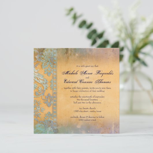 デリケートグランジなブルー結婚ダマスクレース 招待状 (スタンド正面)