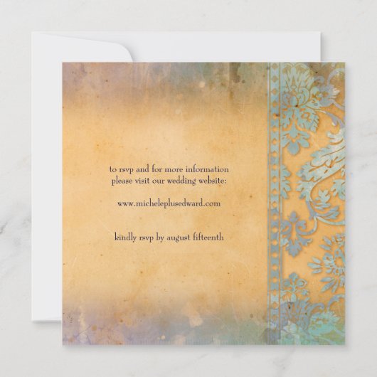 デリケートグランジなブルー結婚ダマスクレース 招待状 (裏面)