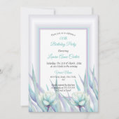 デリケートティール(緑がかった色)パープルフローラフォト誕生日 招待状 (正面)