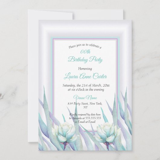 デリケートティール(緑がかった色)パープルフローラフォト誕生日 招待状 (正面)