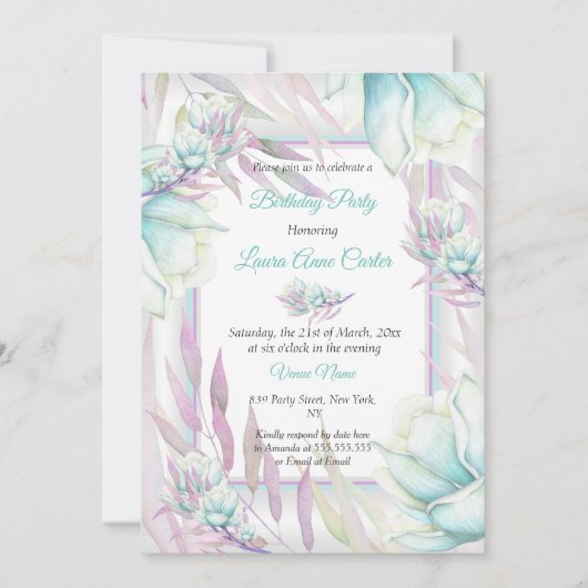 デリケートティール（緑がかった色）紫フローラ水彩誕生日 招待状 (正面)