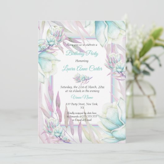 デリケートティール（緑がかった色）紫フローラ水彩誕生日 招待状 (スタンド正面)