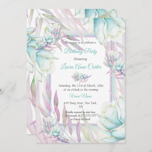 デリケートティール（緑がかった色）紫フローラ水彩誕生日 招待状 (正面/裏面)