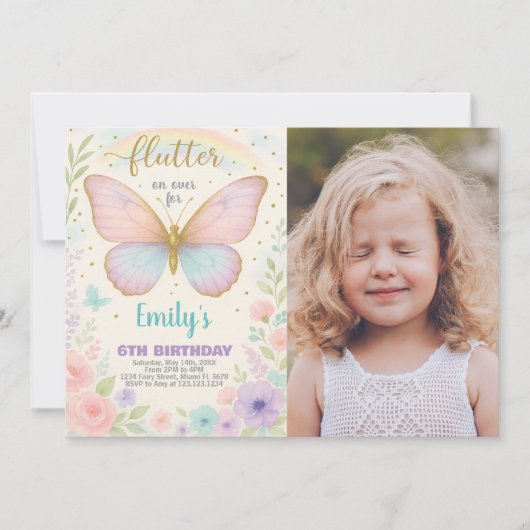 デリケートバタフライ誕生日招待状 招待状 (正面)