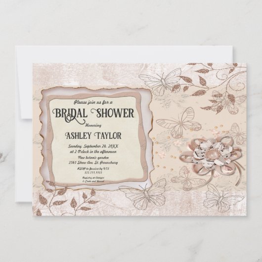 デリケートバラ金ゴールドグリッターモダンブライダルシャワー 招待状 (正面)