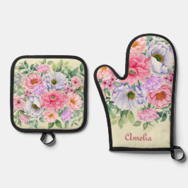 デリケートパステルウォーターカラーサマーガーデン花模様 鍋つかみ&鍋敷きセット