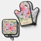 デリケートパステルウォーターカラーサマーガーデン花模様 鍋つかみ&鍋敷きセット (正面/裏面)