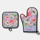 デリケートパステルウォーターカラーサマーガーデン花模様 鍋つかみ&鍋敷きセット (正面)