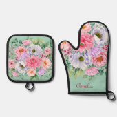 デリケートパステルウォーターカラーサマーガーデン花模様 鍋つかみ&鍋敷きセット (正面)