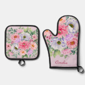 デリケートパステルウォーターカラーサマーガーデン花模様 鍋つかみ&鍋敷きセット (正面)