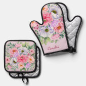 デリケートパステルウォーターカラーサマーガーデン花模様 鍋つかみ&鍋敷きセット (正面/裏面)