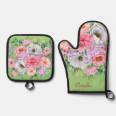 デリケートパステルウォーターカラーサマーガーデン花模様 鍋つかみ&鍋敷きセット (正面)