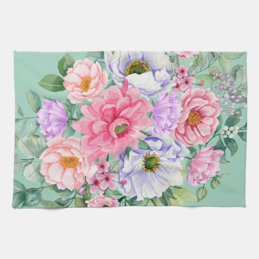 デリケートパステルウォーターカラーサマー花模様 キッチンタオル (横)