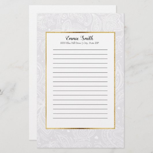 デリケートパーソナライズされたホワイトペイズリーレース 便箋 (正面/裏面)