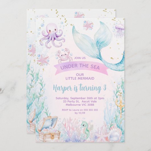 デリケートパープルブルーリトルマーメイド誕生日 招待状 (正面/裏面)