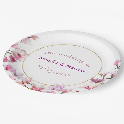 デリケートピンクマグノリアカスタムウェディング紙プレート ペーパープレート (アングル)