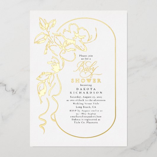 デリケートフローラエレガントホワイトベビーシャワー金ゴールド 箔招待状 (正面)