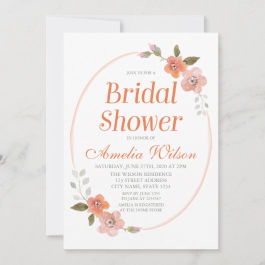 デリケートフローラオレンジブライダルシャワーの招待 招待状 (正面)