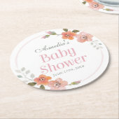 デリケートフローラピンクガール赤ちゃんシャワー ラウンドペーパーコースター (アングル)