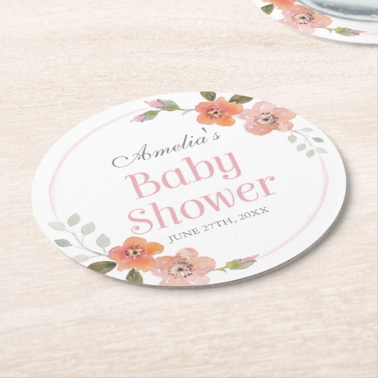 デリケートフローラピンクガール赤ちゃんシャワー ラウンドペーパーコースター (アングル)
