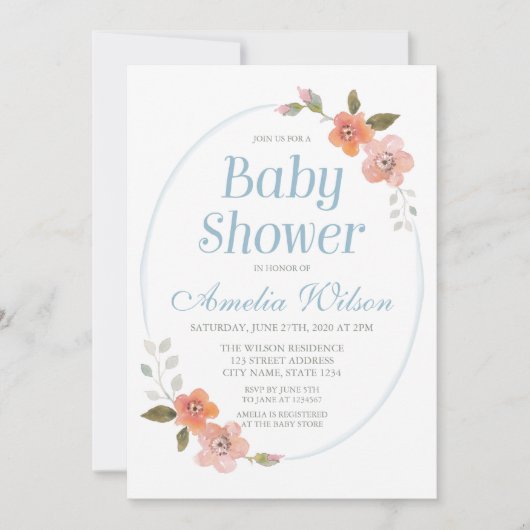 デリケートフローラブルーベビーシャワー招待状 招待状 (正面)