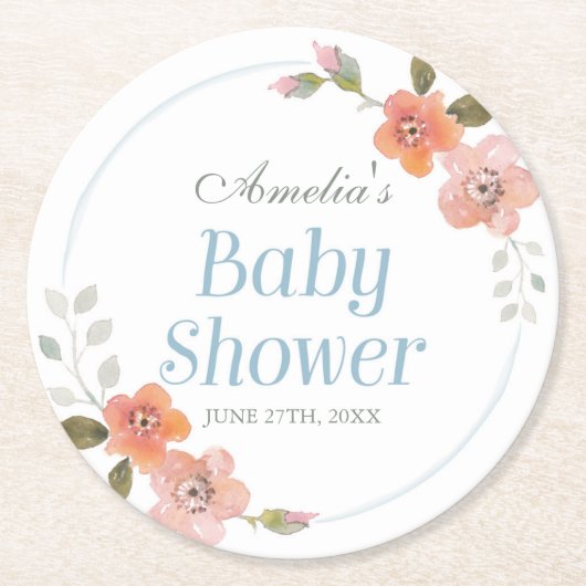 デリケートフローラブルーボーイベビーシャワー ラウンドペーパーコースター (正面)